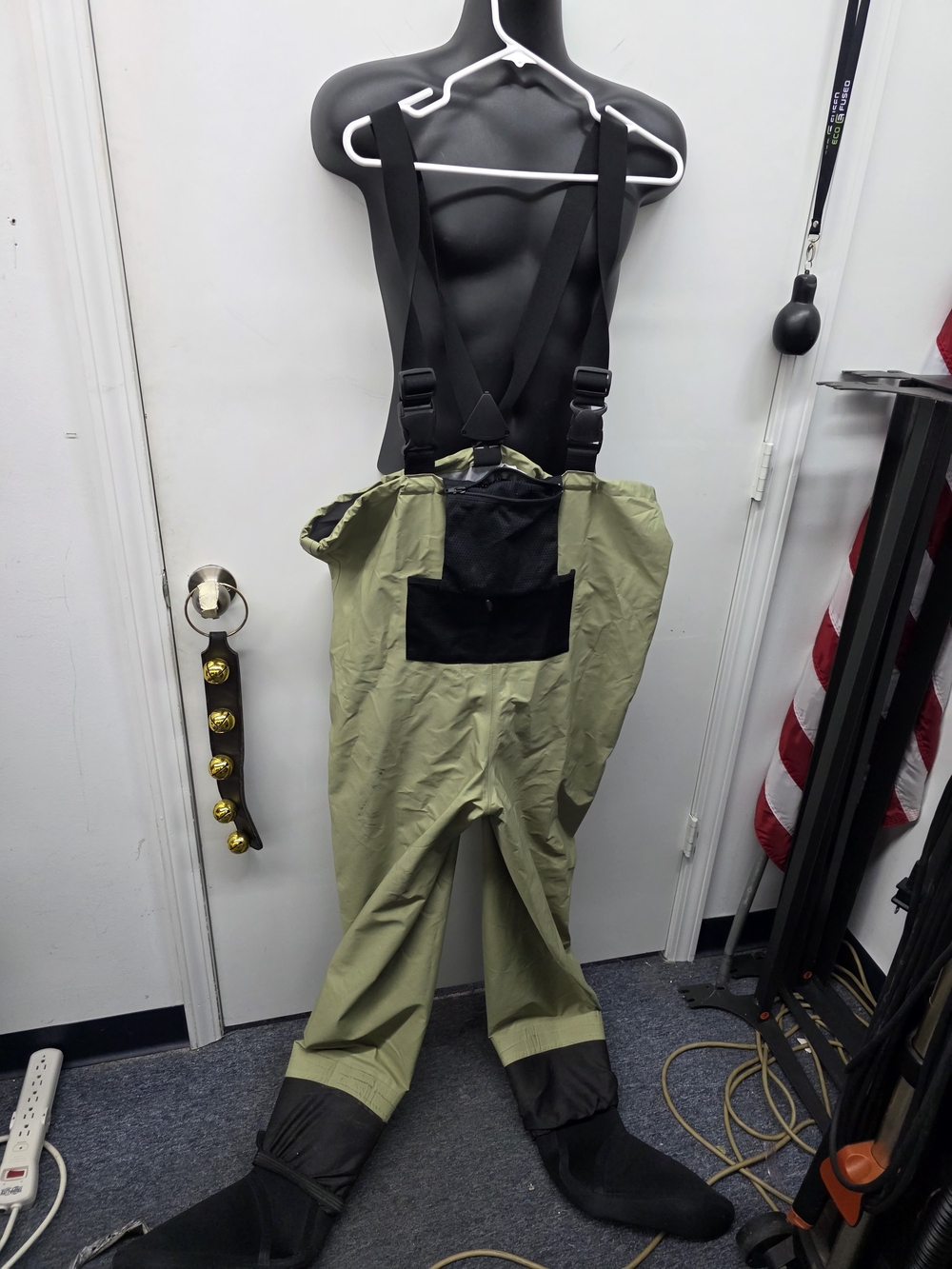 Olive Green Fishing Wader Pants with Black Suspenders
